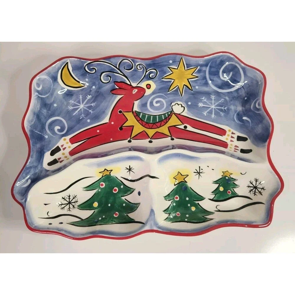 Clay Art Stonelite Christmas Tree Serving Dish Platter Hand Painted 2003 Vintage